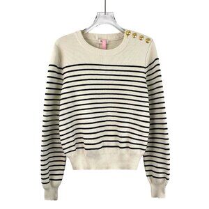 Celine Beige Striped Knitted Sweater W/ Gold Buttons & Round Neck XS 92% Cotton